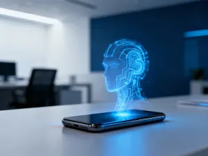 Dłonie kobiety obsługujące futurystyczny, holograficzny interfejs obwodu drukowanego, obrazujące działanie technologii haptycznej.