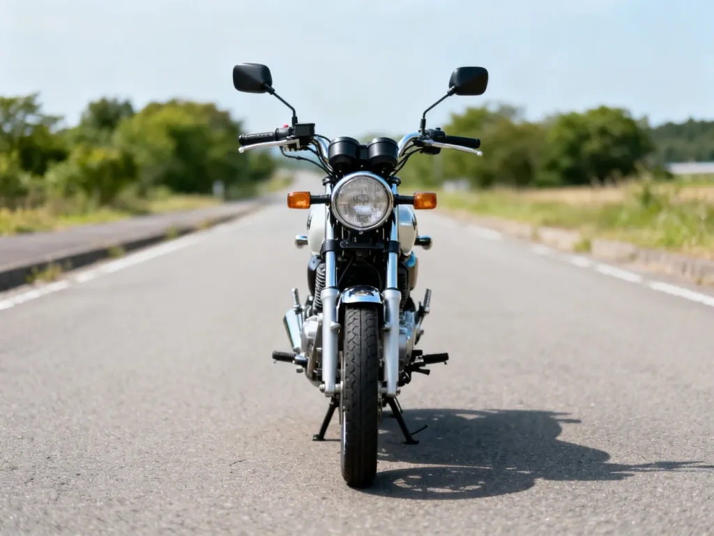 Yamaha Virago 125 z przodu na wiejskiej drodze, klasyczny cruiser z chromem, podkreślający styl i charakter motocykla