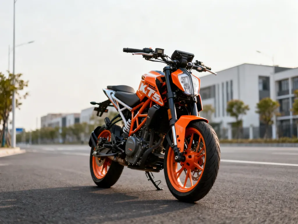 Pomarańczowy motocykl typu naked 125 cm³ stoi na asfalcie w mieście, podkreślając kompaktowe wymiary i miejskie zastosowanie.