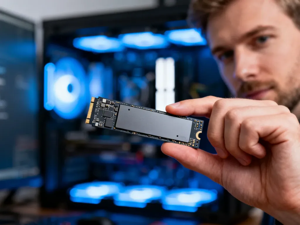 Dłoń trzymająca nowoczesny dysk SSD typu NVMe na tle rozmytego stanowiska komputerowego z podświetleniem LED.