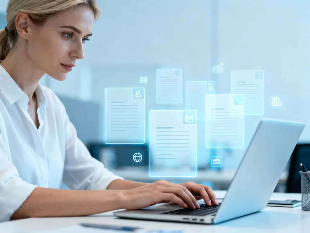 Pracownica biurowa korzystająca z laptopa w nowoczesnym systemie elektronicznego zarządzania dokumentacją.