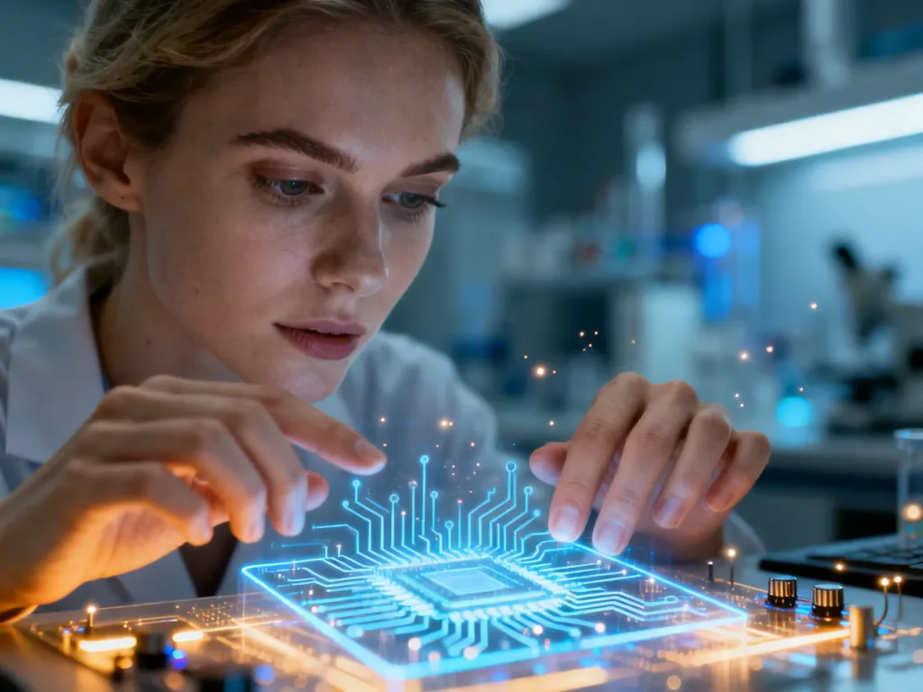 Dłonie kobiety obsługujące futurystyczny, holograficzny interfejs obwodu drukowanego, obrazujące działanie technologii haptycznej.