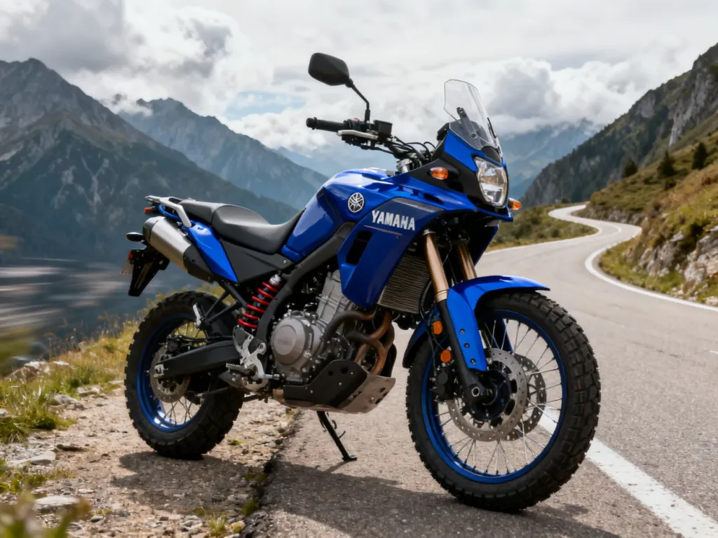 Yamaha Tenere 700 w niebieskim kolorze na górskiej drodze, widok z przodu ukazujący zawieszenie i terenowy charakter.