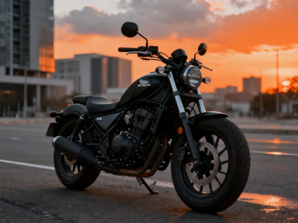 Honda Rebel 500 w matowej czerni zaparkowana na pustej miejskiej ulicy o zachodzie słońca, z wyeksponowanym silnikiem i kołami