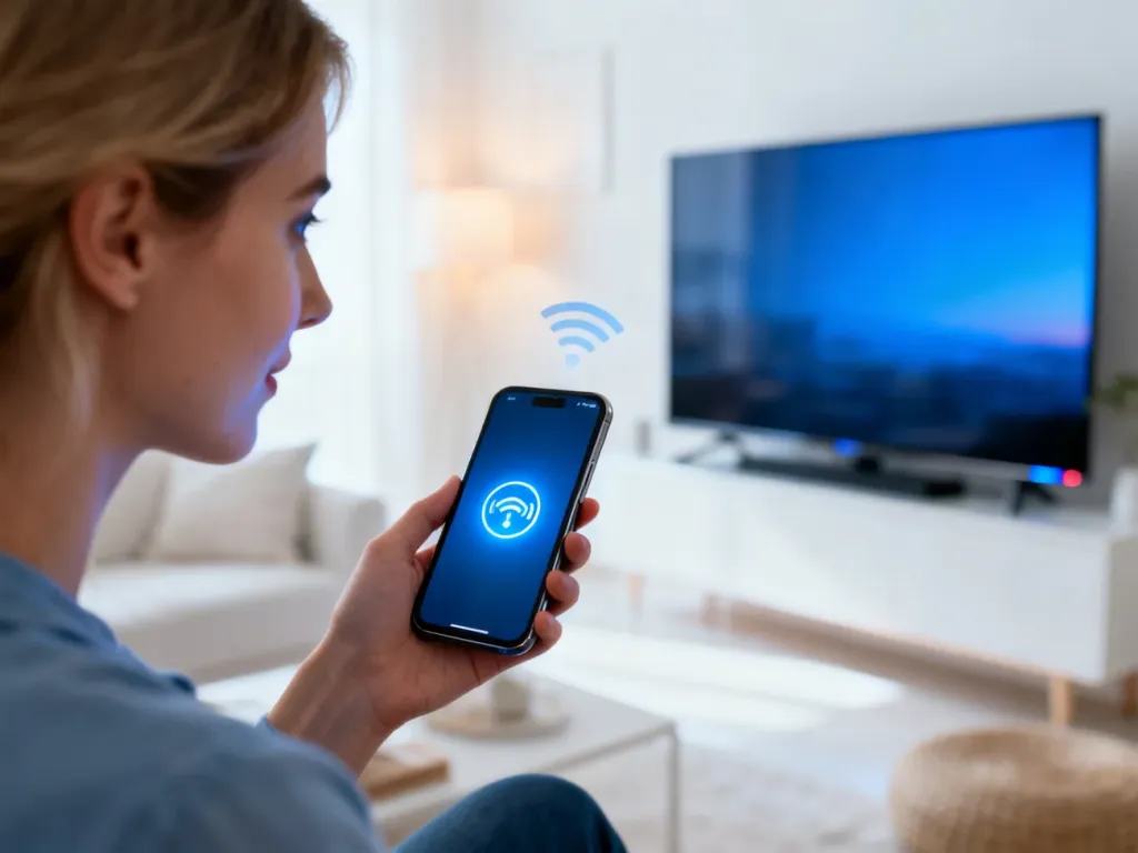 Kobieta przesyła bezprzewodowo obraz ze smartfona na nowoczesny telewizor w przytulnym salonie.