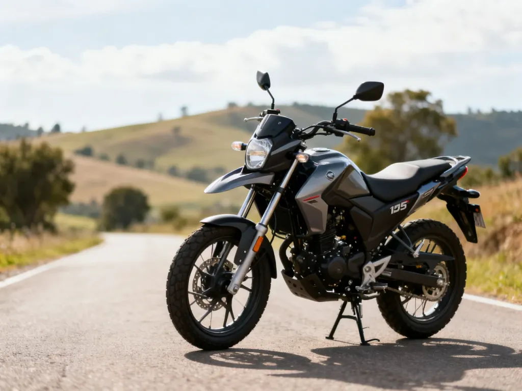 Motocykl adventure 125 ccm stojący na pustej drodze, na tle spokojnej wsi, sugerujący codzienną jazdę i poczucie wolności.