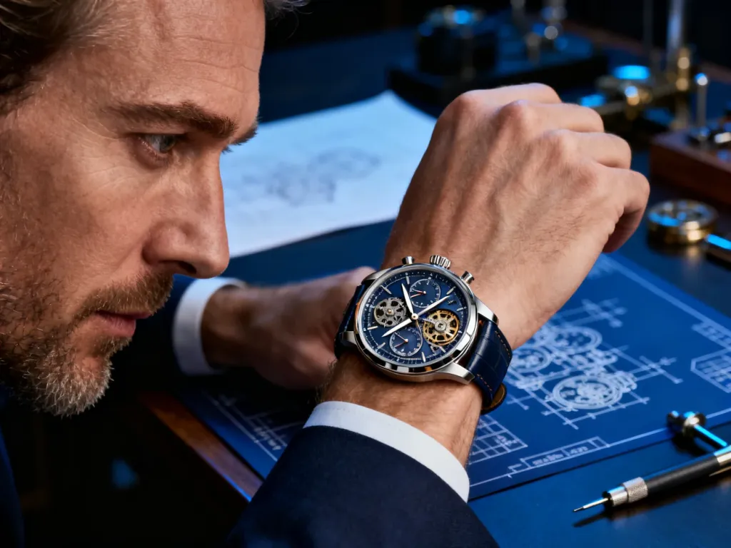 Zbliżenie na precyzyjny mechanizm zegarka typu chronograf na nadgarstku mężczyzny w profesjonalnym warsztacie zegarmistrzowskim.