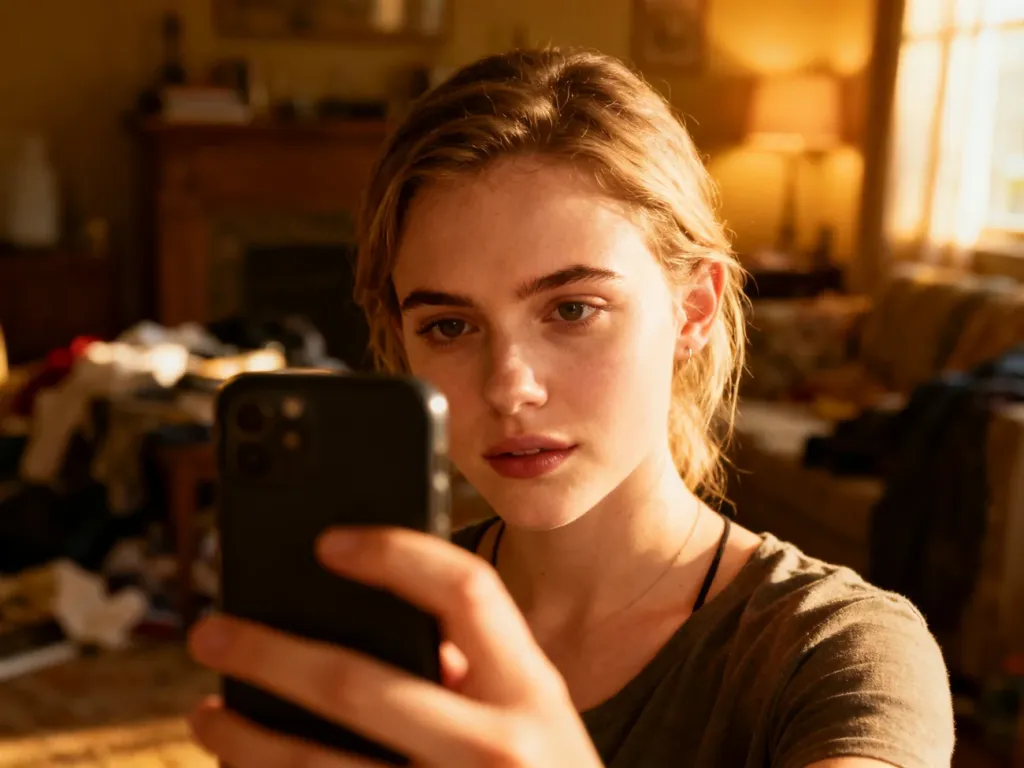 Młoda kobieta robi sobie autentyczne zdjęcie typu selfie za pomocą smartfona w przytulnym, domowym wnętrzu.