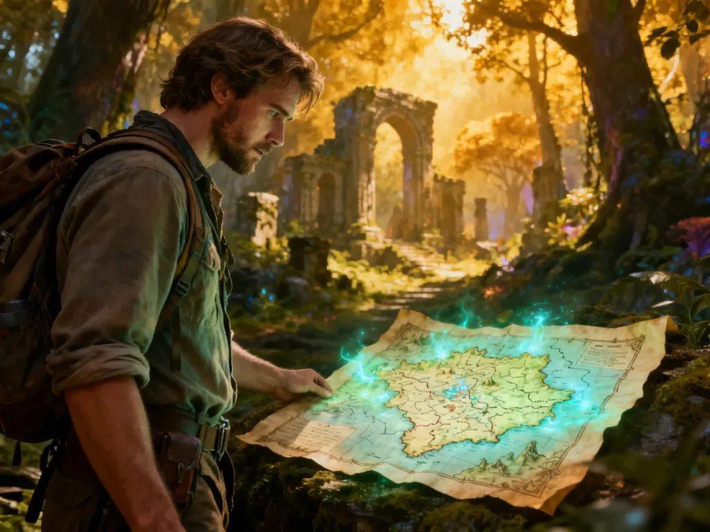 Poszukiwacz przygód analizuje magiczną mapę w scenerii fantasy, co symbolizuje odkrywanie pobocznych zadań w grach.