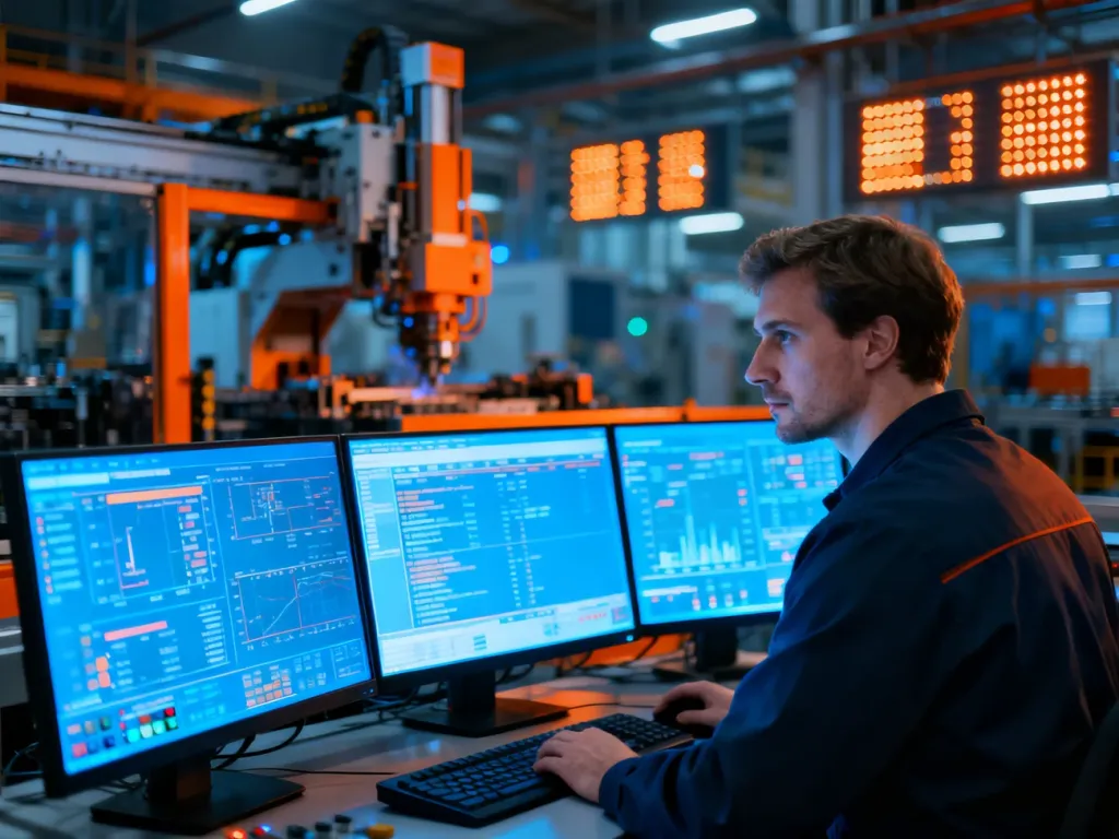 Operator monitorujący procesy produkcyjne w nowoczesnym centrum sterowania systemem SCADA.