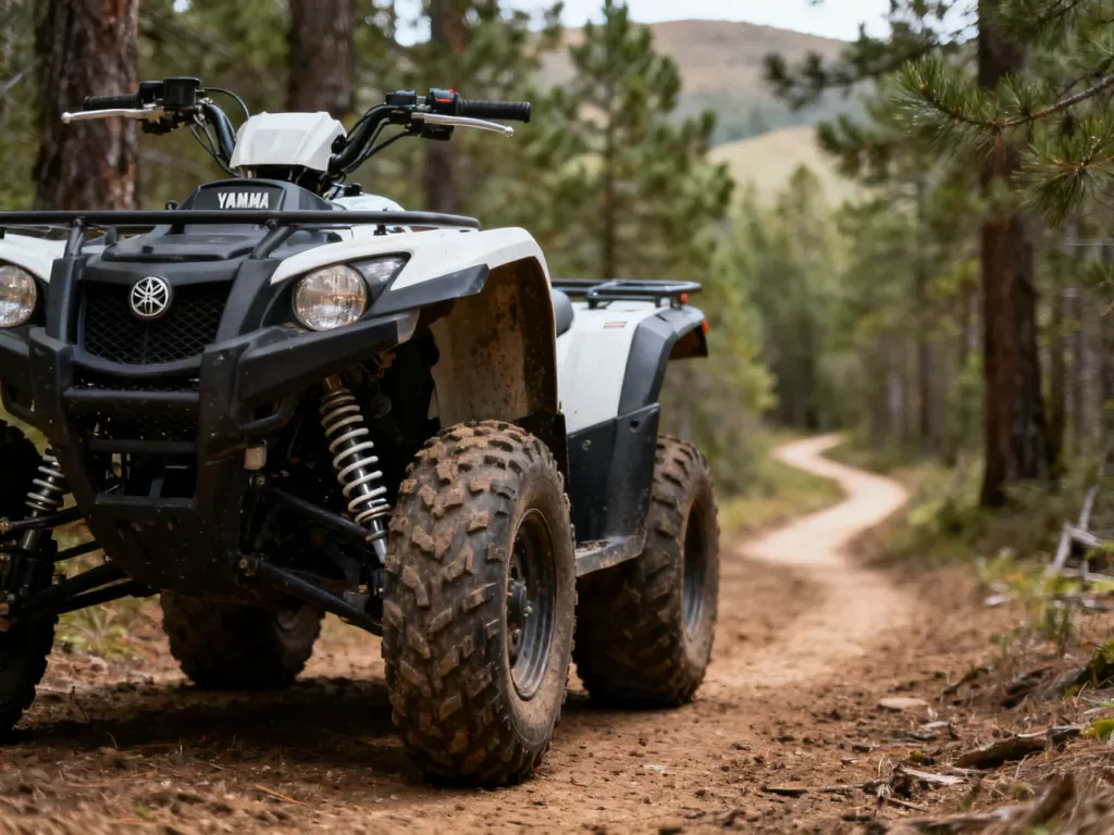 Quad Yamaha Grizzly 700 na leśnej ścieżce, podkreślone opony i zawieszenie, terenowe warunki jazdy