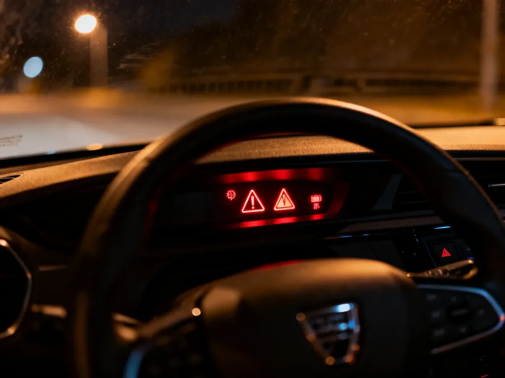 Zbliżenie na podświetlone kontrolki na desce rozdzielczej Dacii, podkreślające znaczenie symboli ostrzegawczych.