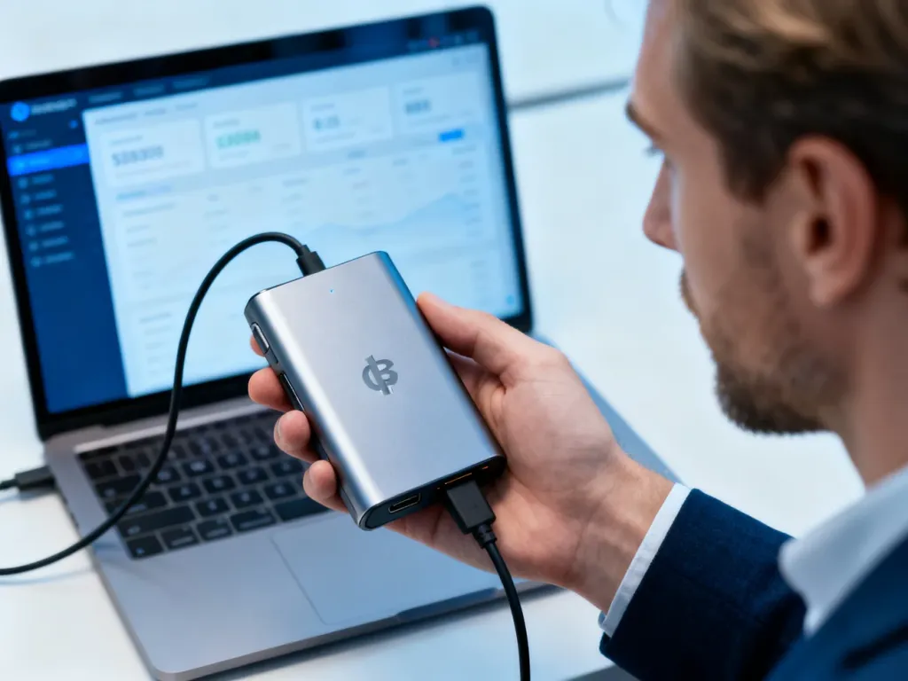 Mężczyzna trzymający portfel sprzętowy Ledger podłączony do laptopa z interfejsem finansowym na ekranie.