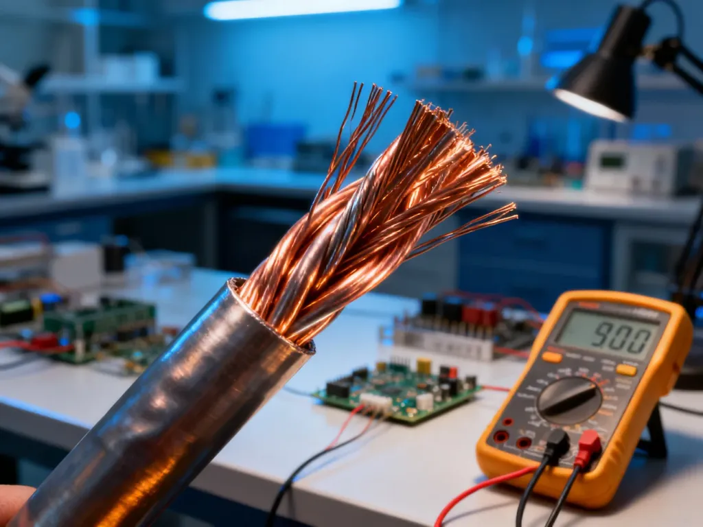 Zbliżenie na miedziany przewód elektryczny z widocznymi włóknami, symbolizujące przewodnictwo i rezystancję.