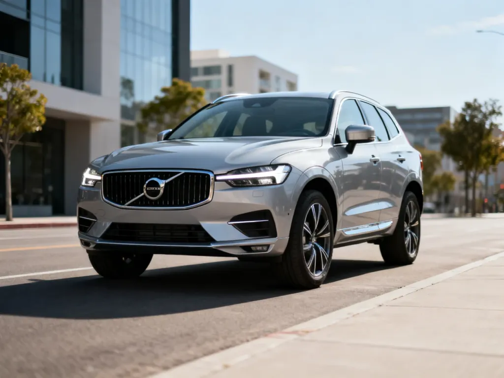 Srebrne Volvo XC60 zaparkowane na miejskiej ulicy, podkreślające nowoczesne reflektory LED i felgi aluminiowe.